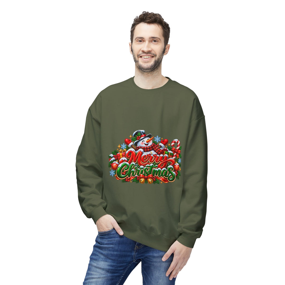 Christmas Snowman Crewneck Sweatshirt — "Merry Christmas" Holiday Graphic