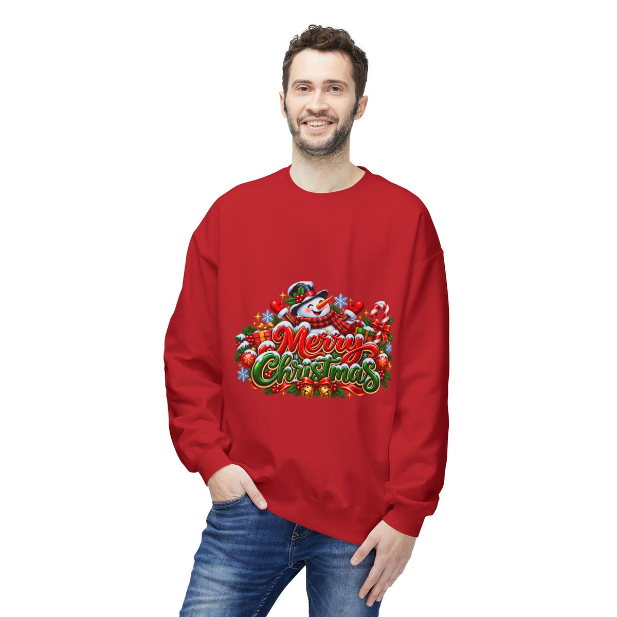Christmas Snowman Crewneck Sweatshirt — "Merry Christmas" Holiday Graphic