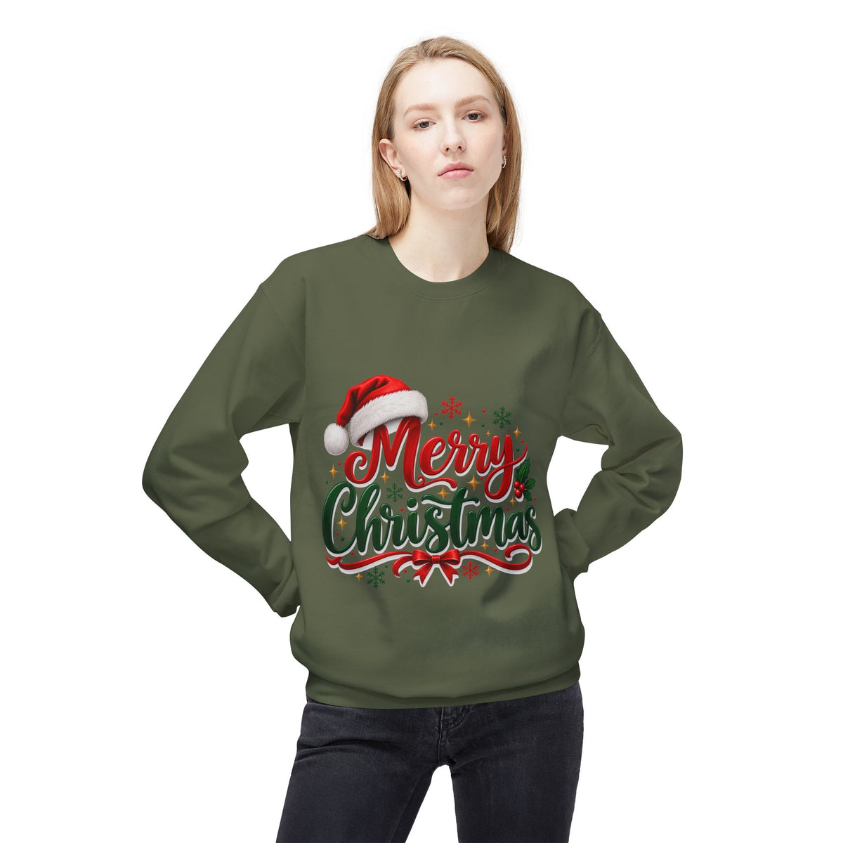 Merry Christmas Crewneck Sweatshirt – Festive Santa Hat Holiday Sweater