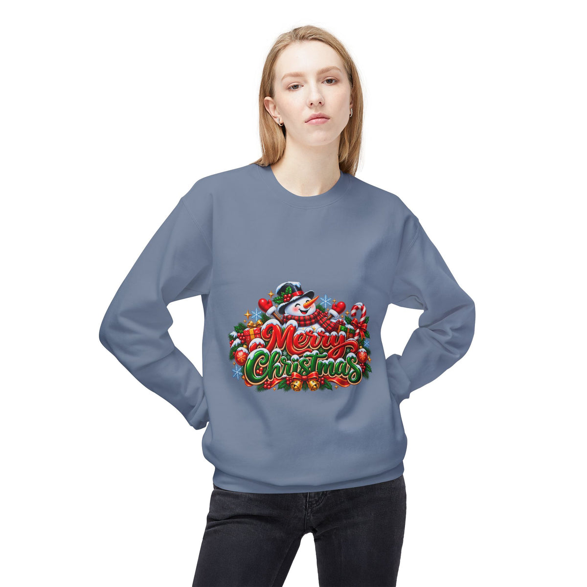 Christmas Snowman Crewneck Sweatshirt — "Merry Christmas" Holiday Graphic