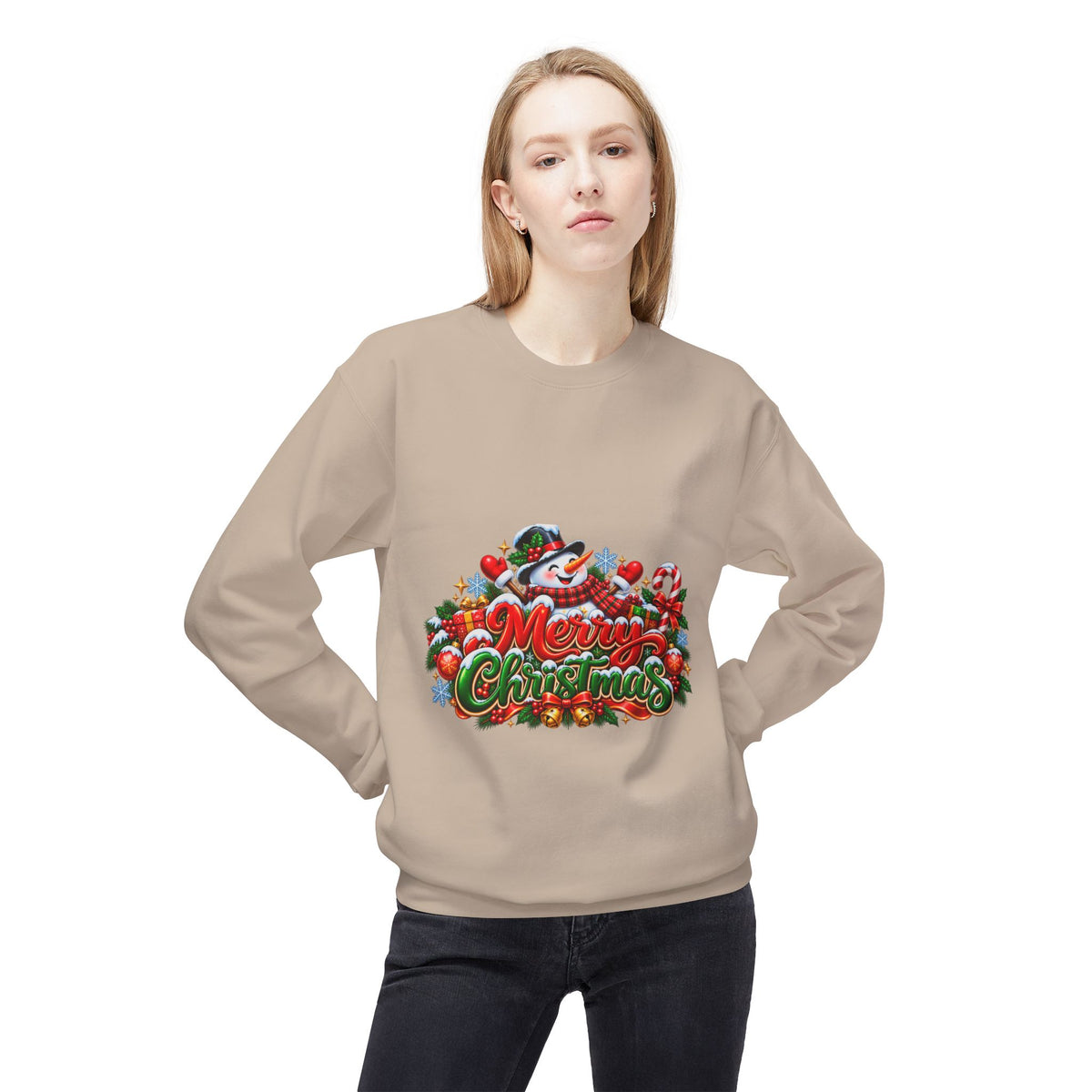 Christmas Snowman Crewneck Sweatshirt — "Merry Christmas" Holiday Graphic