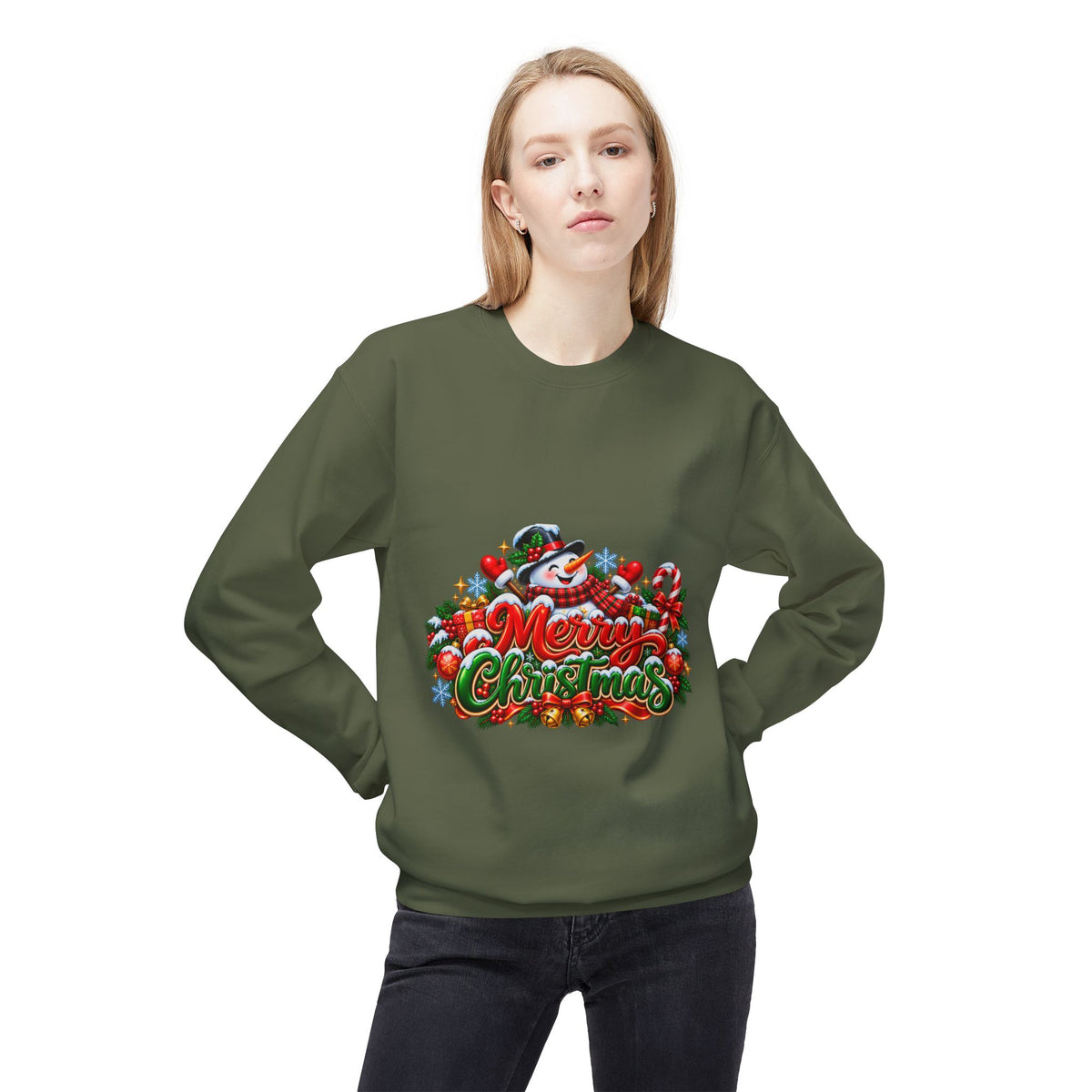 Christmas Snowman Crewneck Sweatshirt — "Merry Christmas" Holiday Graphic