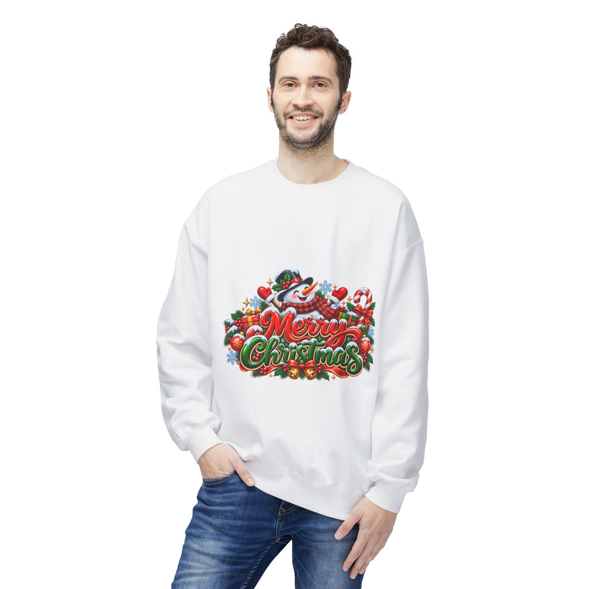 Christmas Snowman Crewneck Sweatshirt — "Merry Christmas" Holiday Graphic